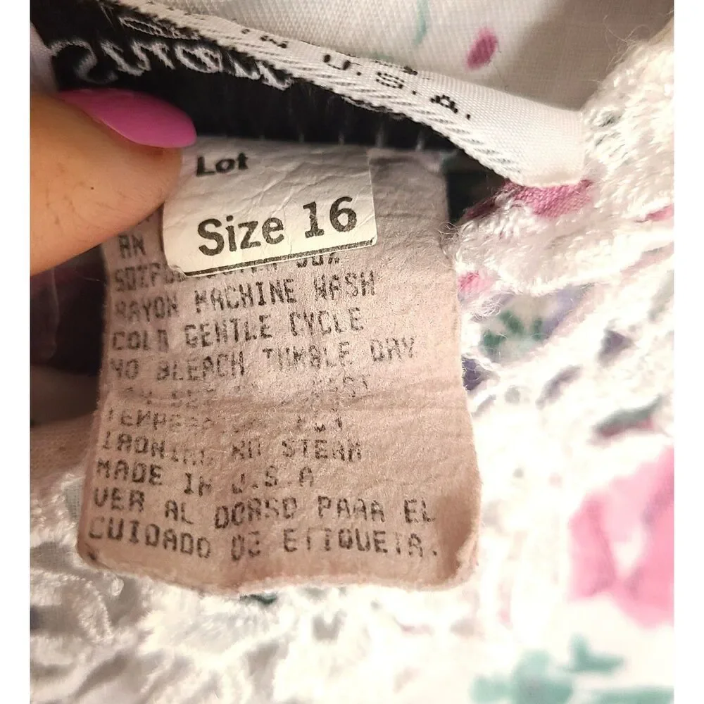 Vintage Stuart‎ Allan Sz 16 Floral Cottagecore Dress Lace Trim Elastic Waistband
